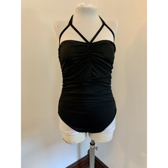 Kamali Kulture Shirred Waist Mio  One Piece Swim Ruched Black Large Halter Cut - Picture 5 of 13